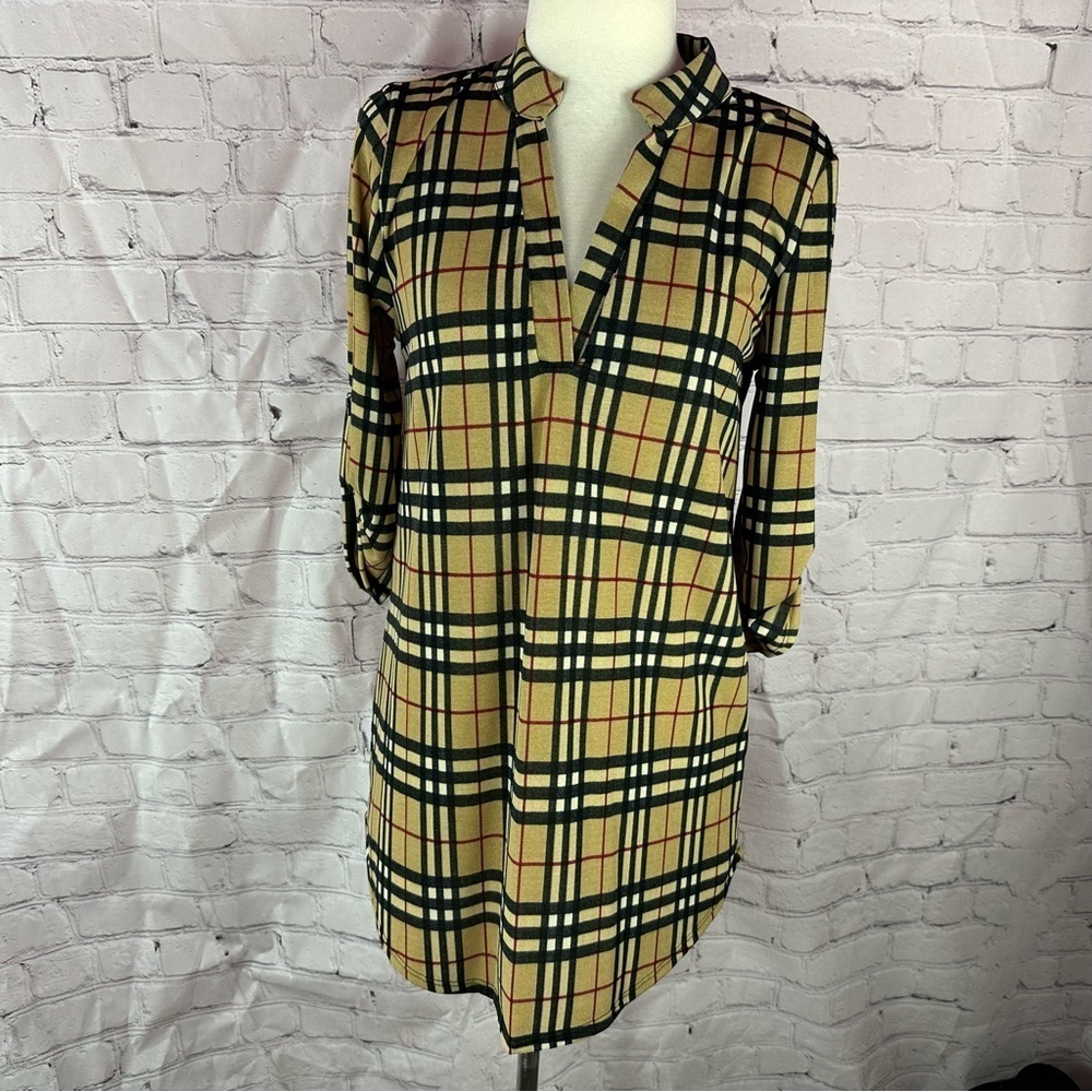 NWT boutique classic tartan plaid check tunic blouse mandarin collar classic